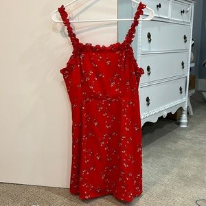 Red floral mini summer dress, double lined, brand is Lulus.